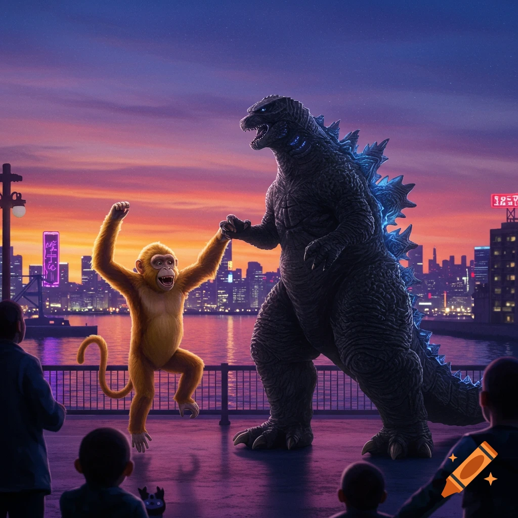 A large Godzilla and a small, jubilant monkey dance on a city waterfront at sunset, as people watch.