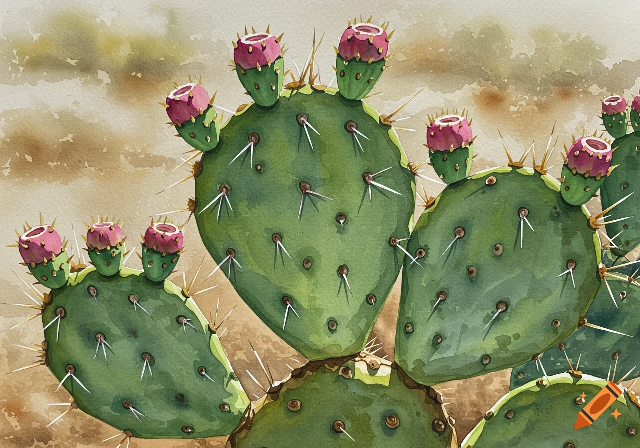 A watercolor painting of a prickly pear cactus with pink fruit against a light brown background.