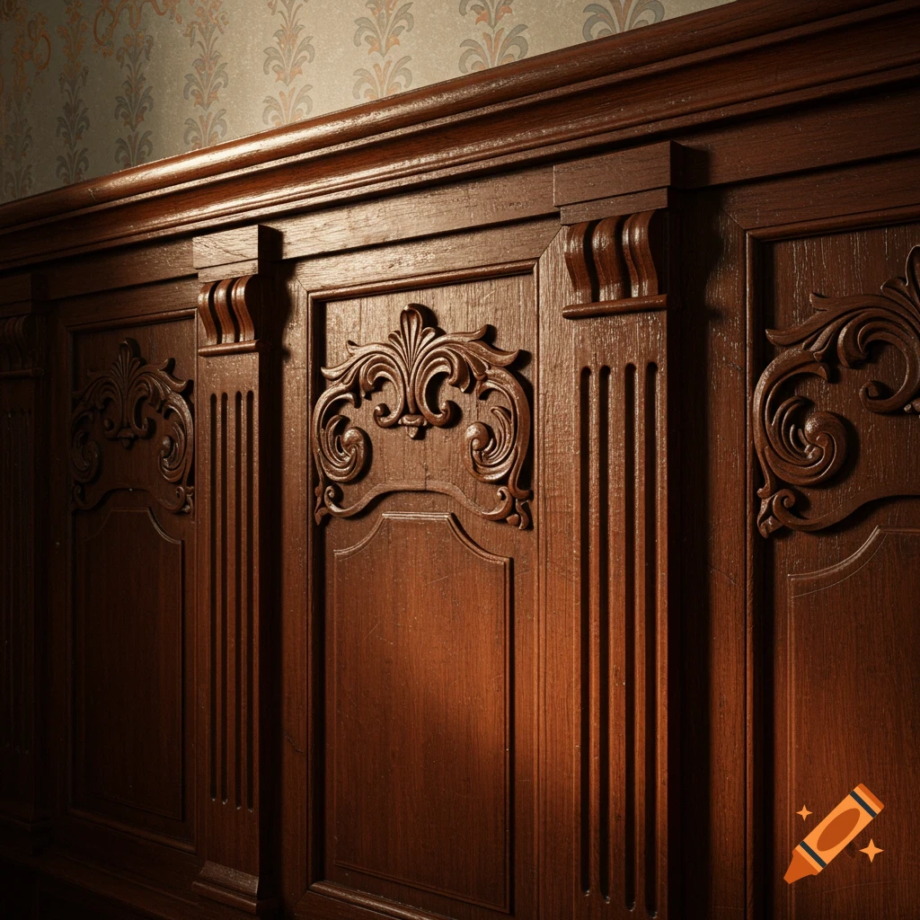 A close-up of a vintage wooden wainscoting wall with ornate carvings and patterned wallpaper above.