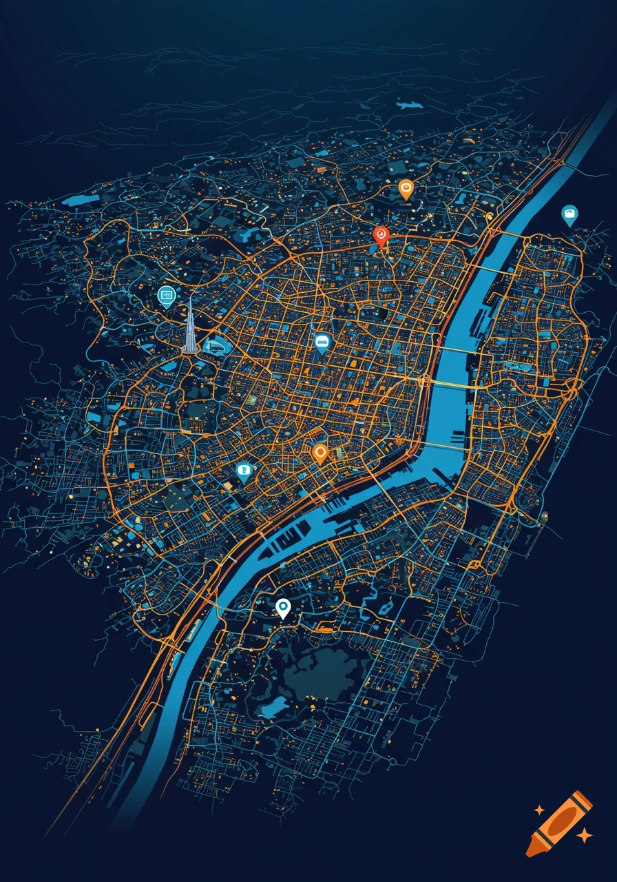 A stylized vector map of a city at night with glowing orange roads, a blue river, and pin markers on a dark blue background.