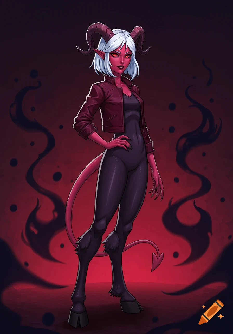 A red-skinned demon woman with silver hair, ram horns, a tail, and hooves, wears a dark bodysuit and maroon jacket, smirking in a cartoon style against a red smoky background.
