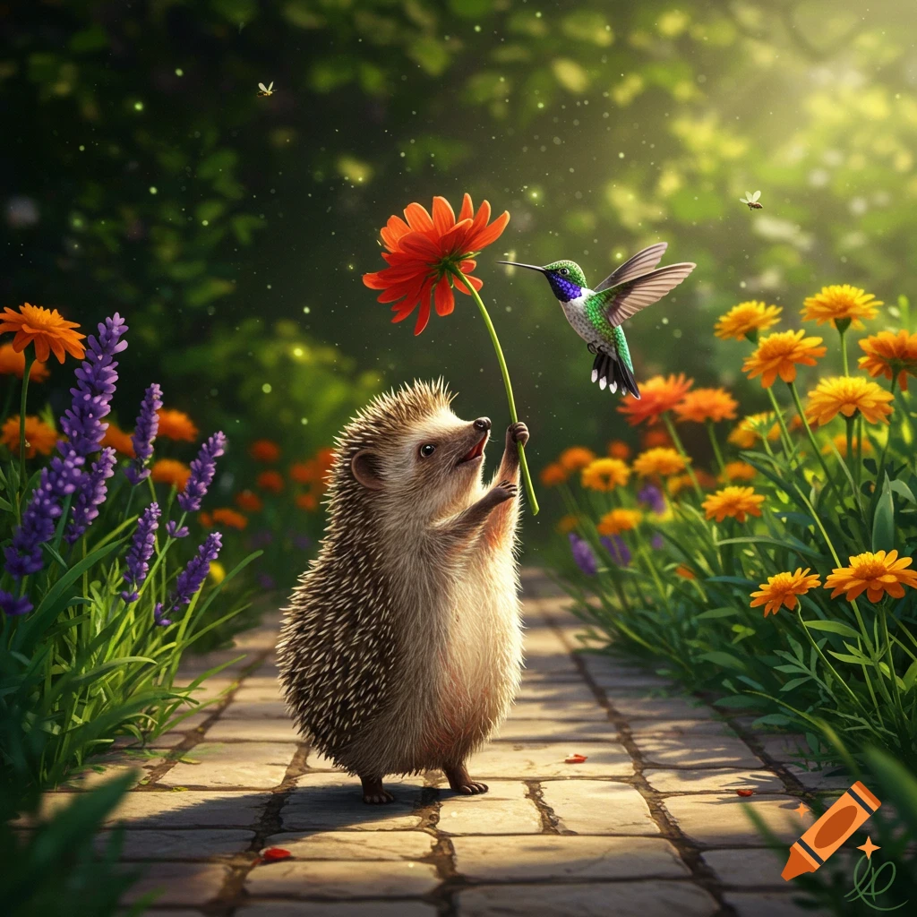 A cute hedgehog holds an orange flower for a hummingbird on a sunlit garden path, surrounded by colorful blossoms.