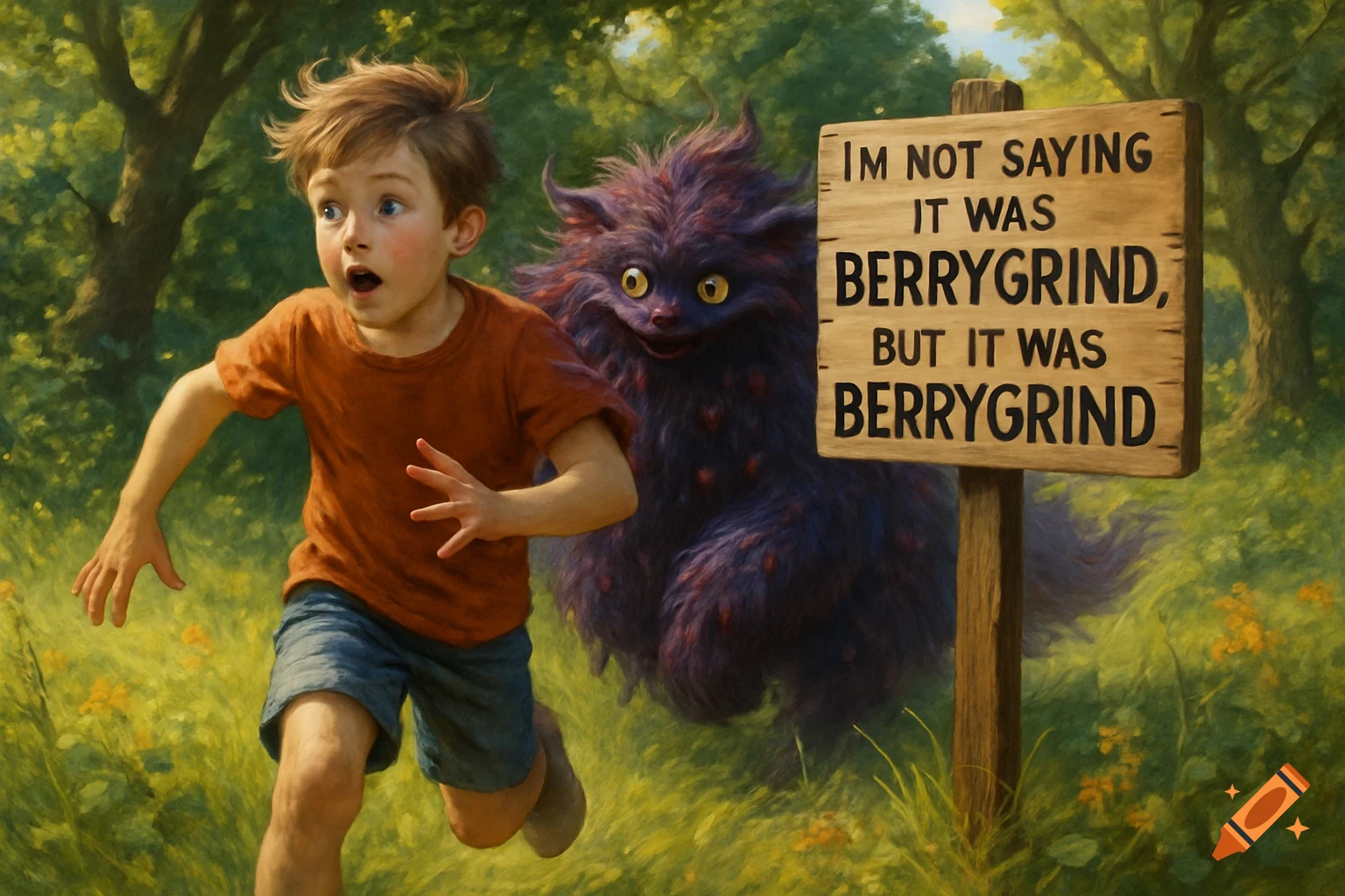 A scared boy runs through a green forest, chased by a purple, furry monster. A wooden sign reads, "I'M NOT SAYING IT WAS BERRYGRIND, BUT IT WAS BERRYGRIND".