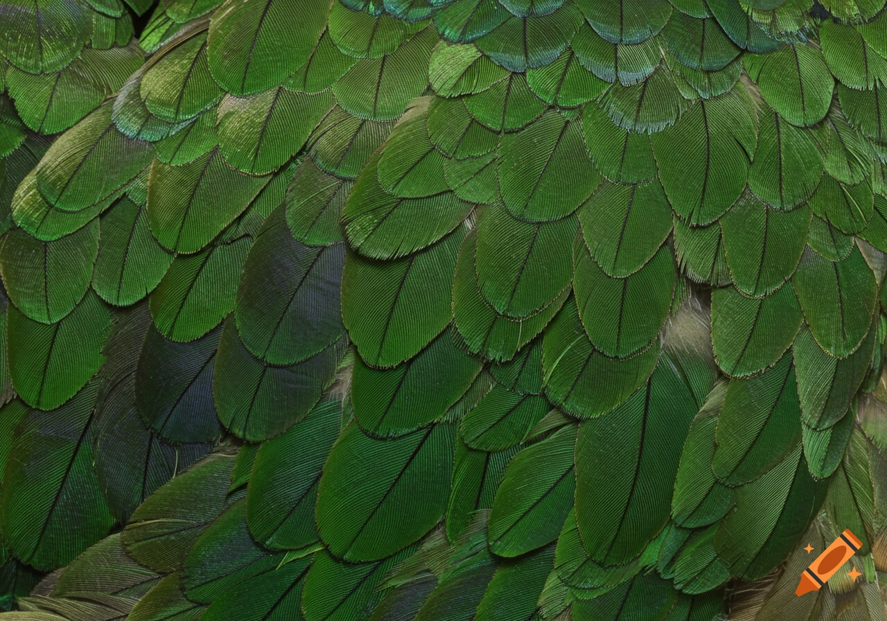 A close-up, textured pattern of overlapping green bird feathers with intricate details and varying shades.