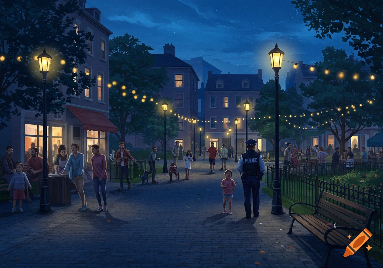 An illustrative nighttime scene of a bustling urban street. People socialize and walk under bright streetlights and string lights, with a police officer in the foreground.