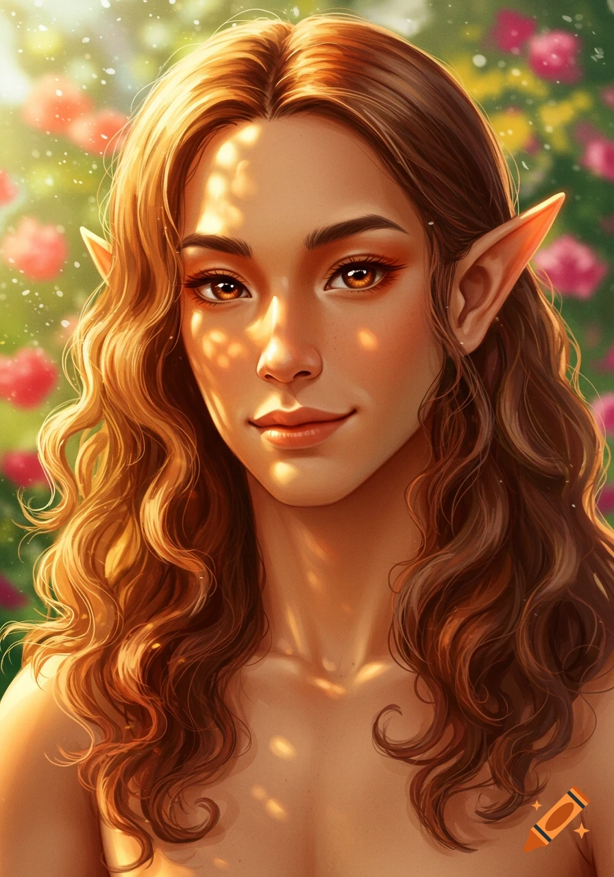 Digital painting of a smiling elf woman with long wavy brown hair, pointed ears, and brown eyes, bathed in sunlight with flowers in the background.