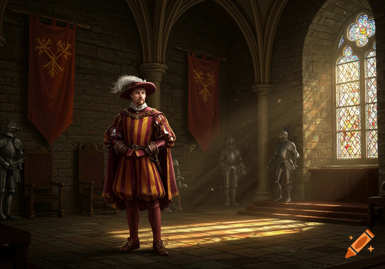 A man in elaborate historical attire with a plumed hat stands in a grand, stone castle hall with banners, suits of armor, and a large stained-glass window.