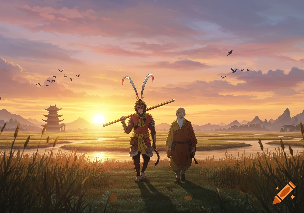 Wukong and a monk walk through golden fields beside a river at sunset in an anime style, with a pagoda in the distance.