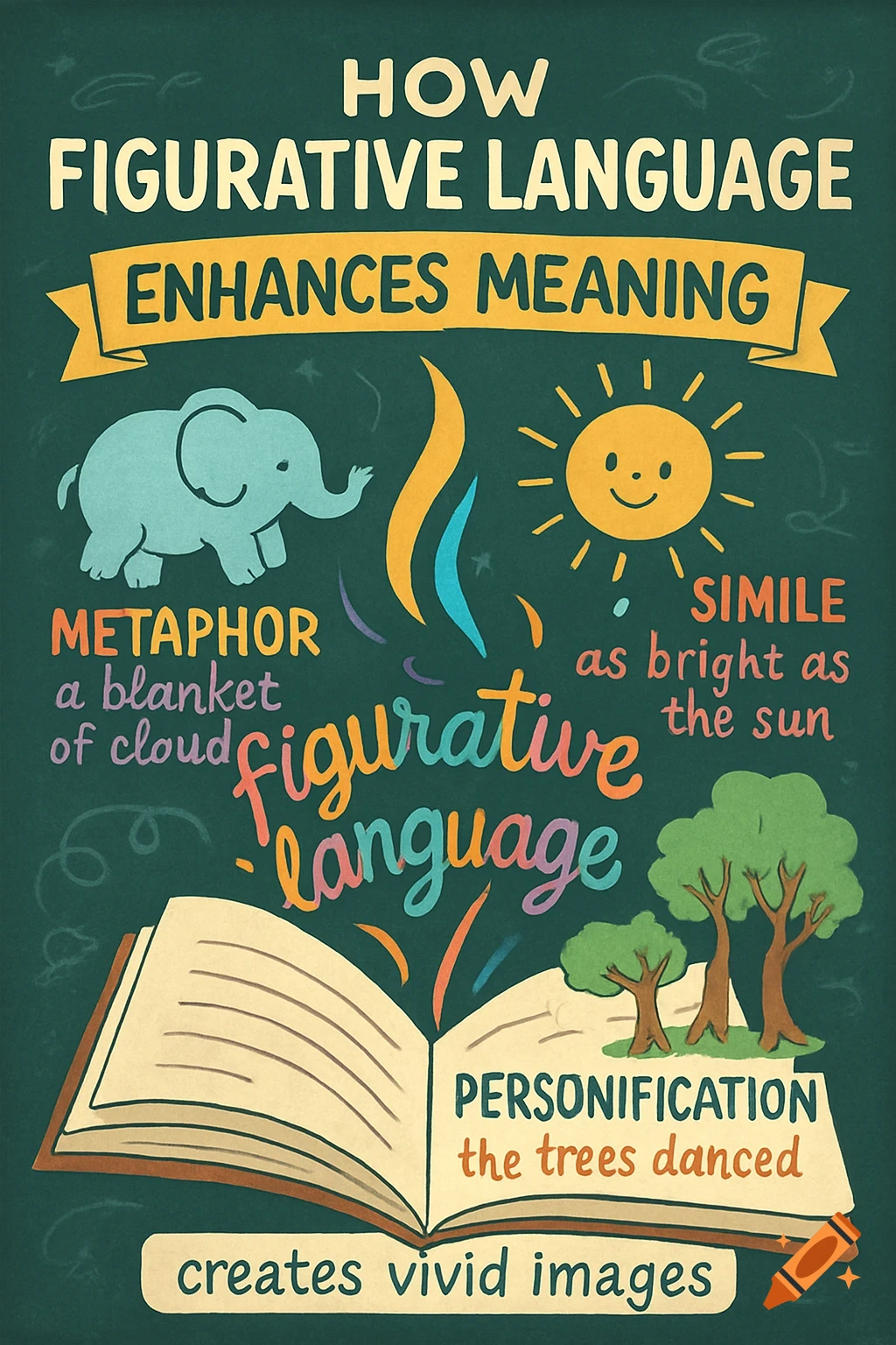 An anchor chart about how figurative language enhances meaning, with examples of metaphor, simile, and personification illustrated with an elephant, sun, and trees.