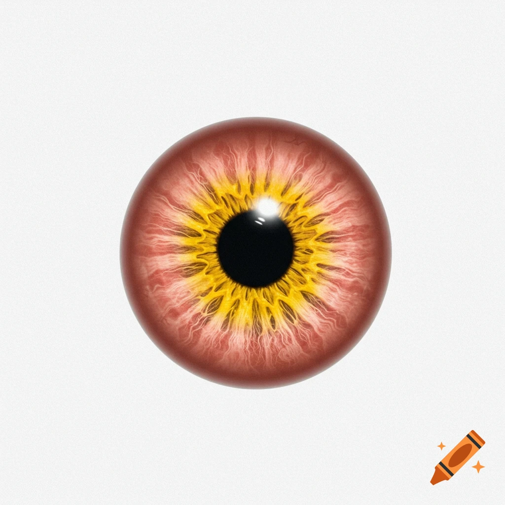 A realistic fox eyeball with a yellow pupil and a yellow-to-pink iris on a plain white background.