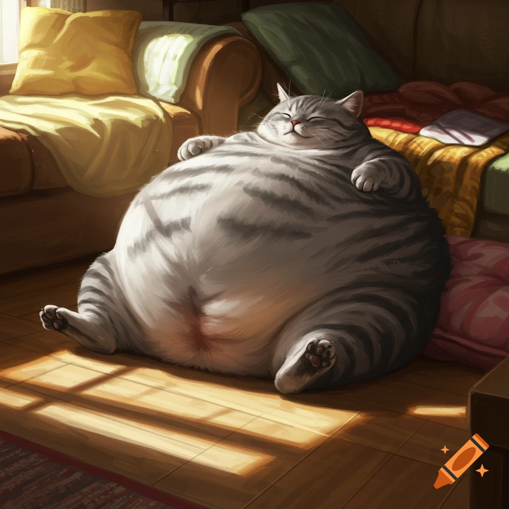 An incredibly fat, striped grey cat lies on its back on a wooden floor, sunbathing in a cozy room.