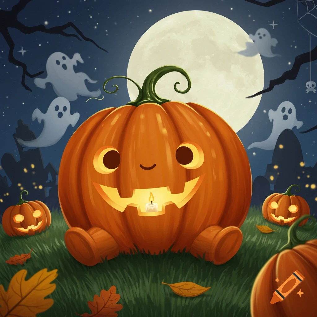 A cute, smiling jack-o'-lantern sits in a grassy field at night with a full moon, ghostly figures, and smaller pumpkins, in a cartoon illustration.
