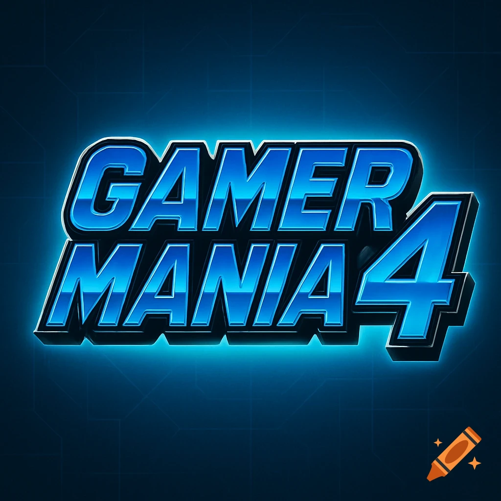 A blue and black metallic logo with a glowing outline that reads 'GAMER MANIA 4' on a dark blue background.
