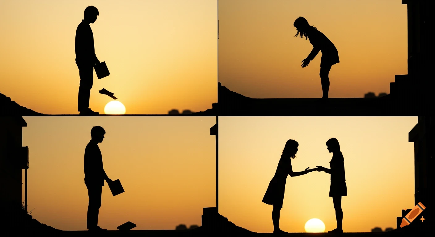 A four-panel silhouette comic strip shows a man dropping a book, a woman bending to pick it up, their hands touching, and them looking at each other against a warm sunset.