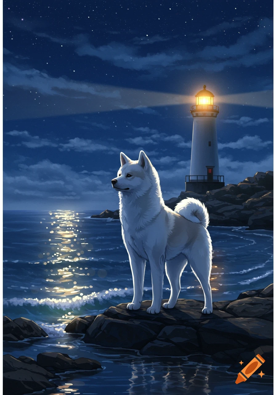 Anime Akita Inu dog on coastal rocks at night, with a shining lighthouse and moonlight reflecting on the sea.