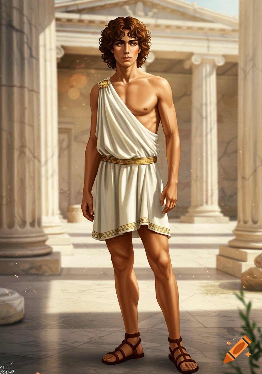 Illustration of an athletic young ancient Greek man with curly brown hair, wearing a white chiton and sandals, standing in a sunlit courtyard with marble columns.