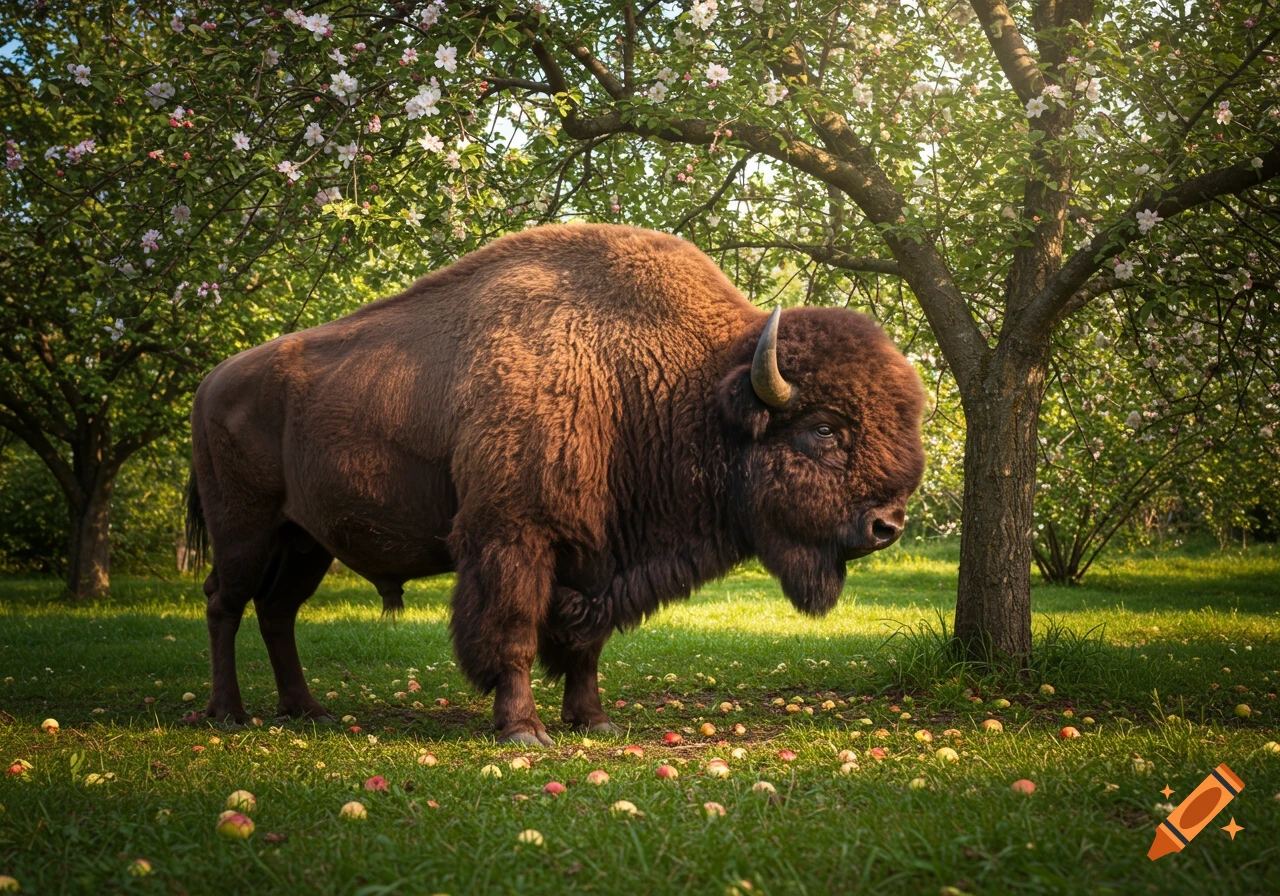 A large brown bison stands in a sunny green garden under a blooming apple tree with fallen apples on the grass.