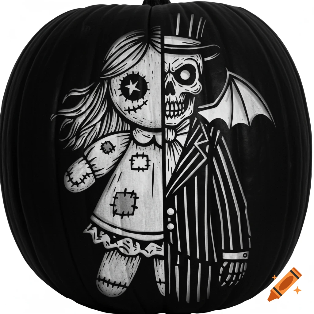 Black-and-white pumpkin stencil design: left a stitched rag doll, right a skull-faced gentleman in pinstripes with a bat wing.