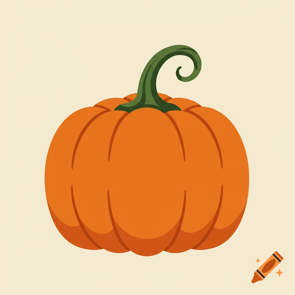 A simple orange pumpkin with a green, curly stem on a light beige background, in a clipart style.