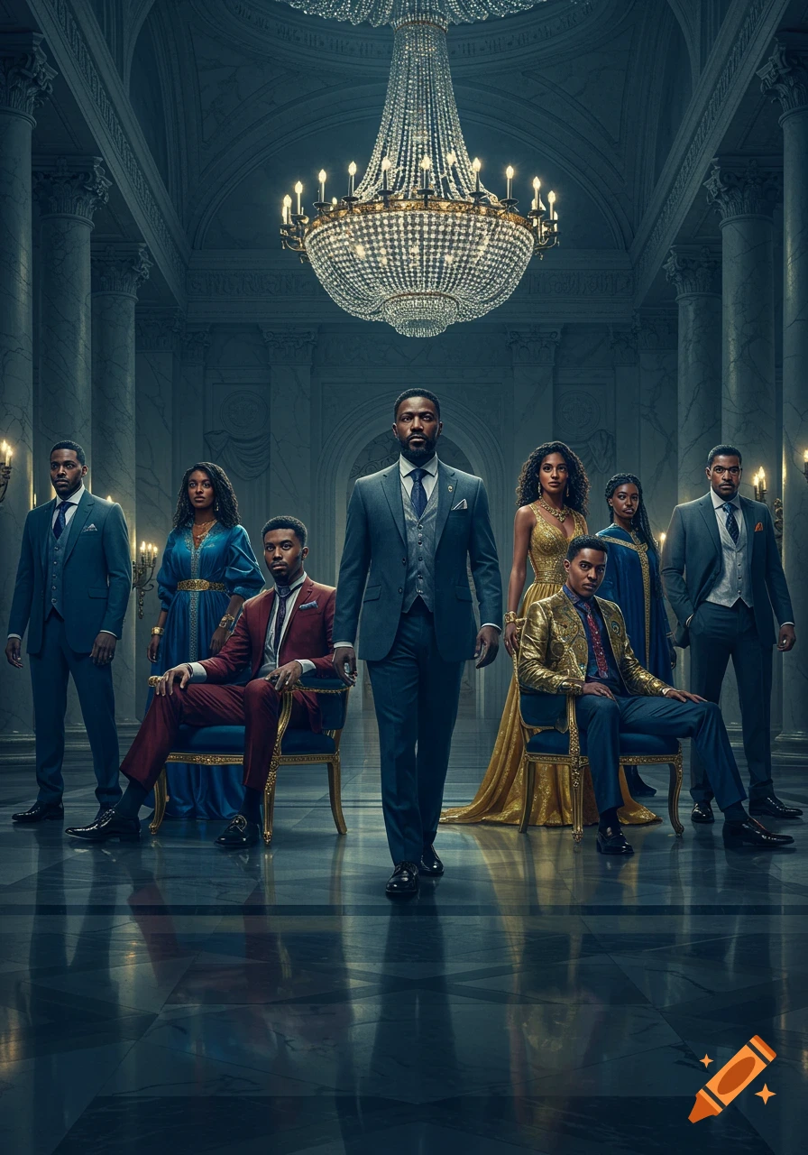 A group of well-dressed Black men and women pose dramatically in a grand, chandelier-lit hall.