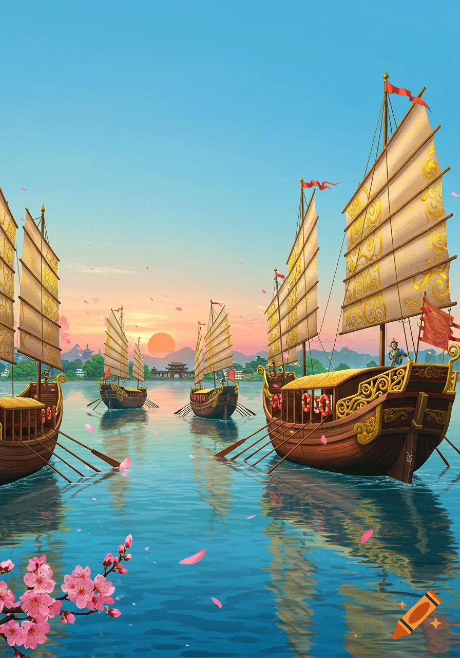 Traditional East Asian junks with golden sails on a tranquil lake at sunset, surrounded by distant mountains, ancient buildings, and foreground cherry blossoms.