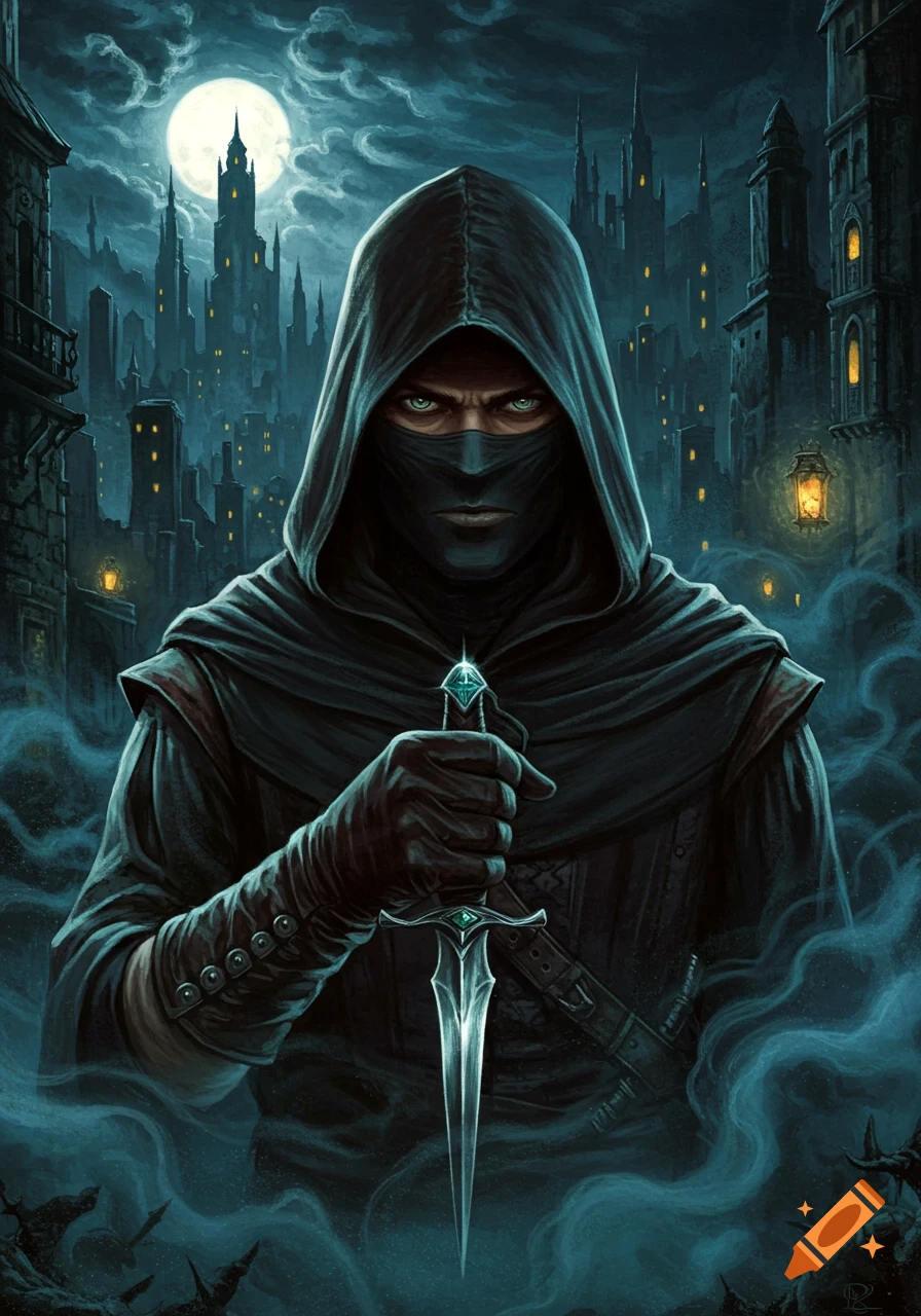 A hooded thief holding a dagger in a dark, misty fantasy city at night under a full moon, in an illustration.