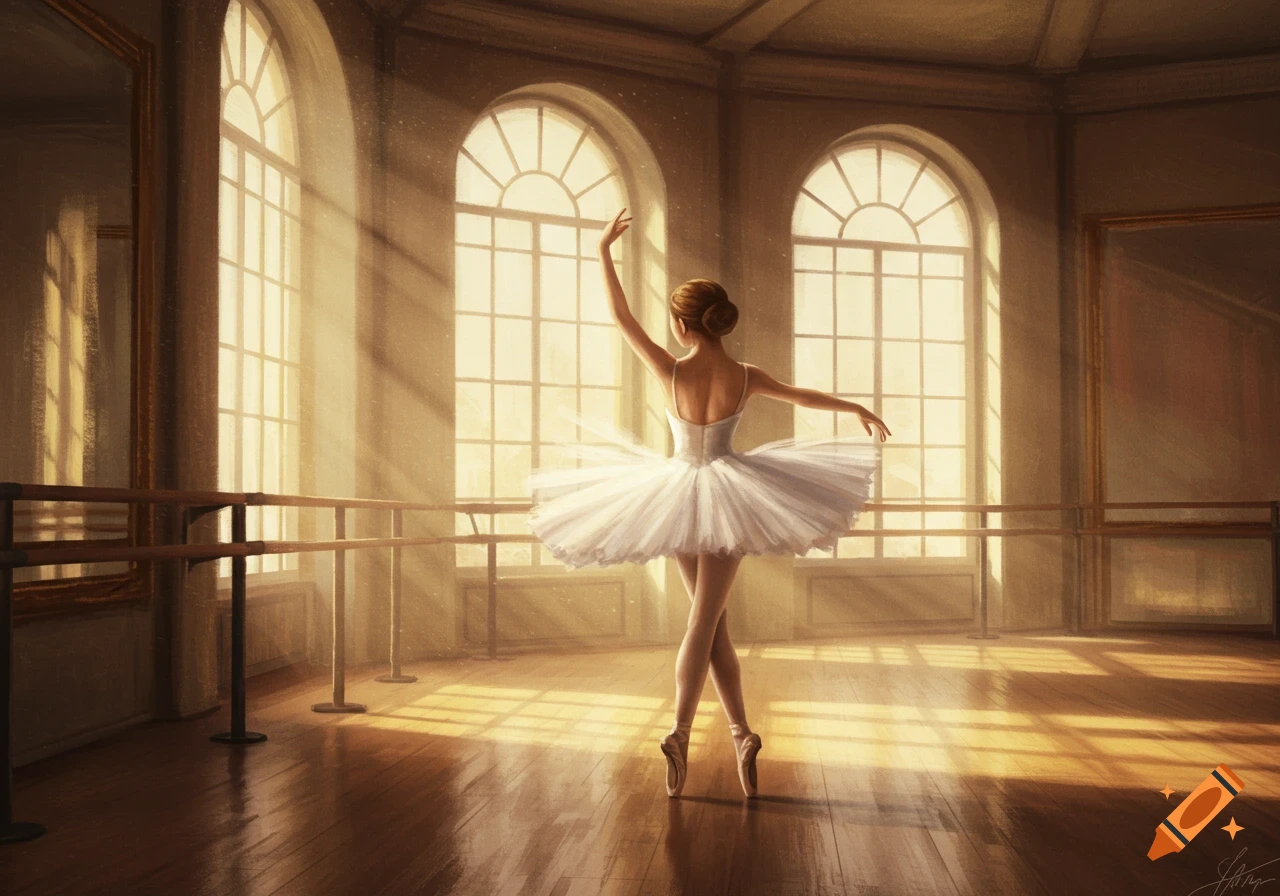 A graceful ballet dancer in a white tutu, seen from behind, performing in a sunlit studio with large arched windows. Digital painting.