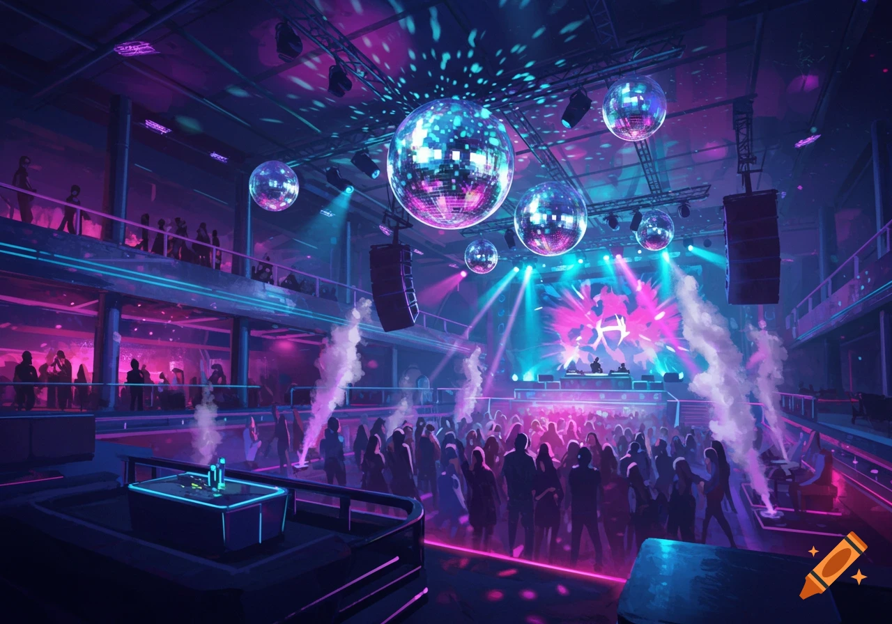 A vibrant nightclub scene with a crowded dance floor, multiple disco balls, and a glowing DJ stage with colorful lights.