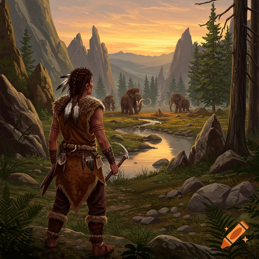 A person in primitive attire stands by a river, looking toward mammoths and a campfire in a mountain valley at sunset, in a digital painting style.