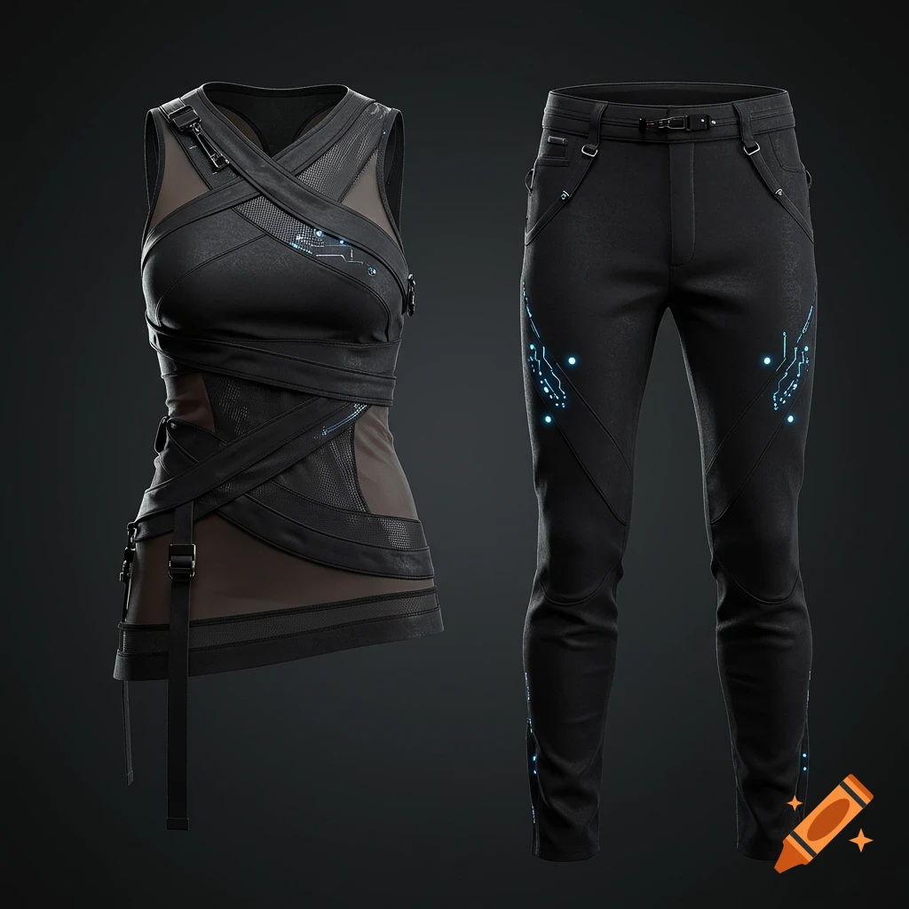 A black, futuristic, sleeveless top and matching pants with glowing blue circuit patterns against a dark background.