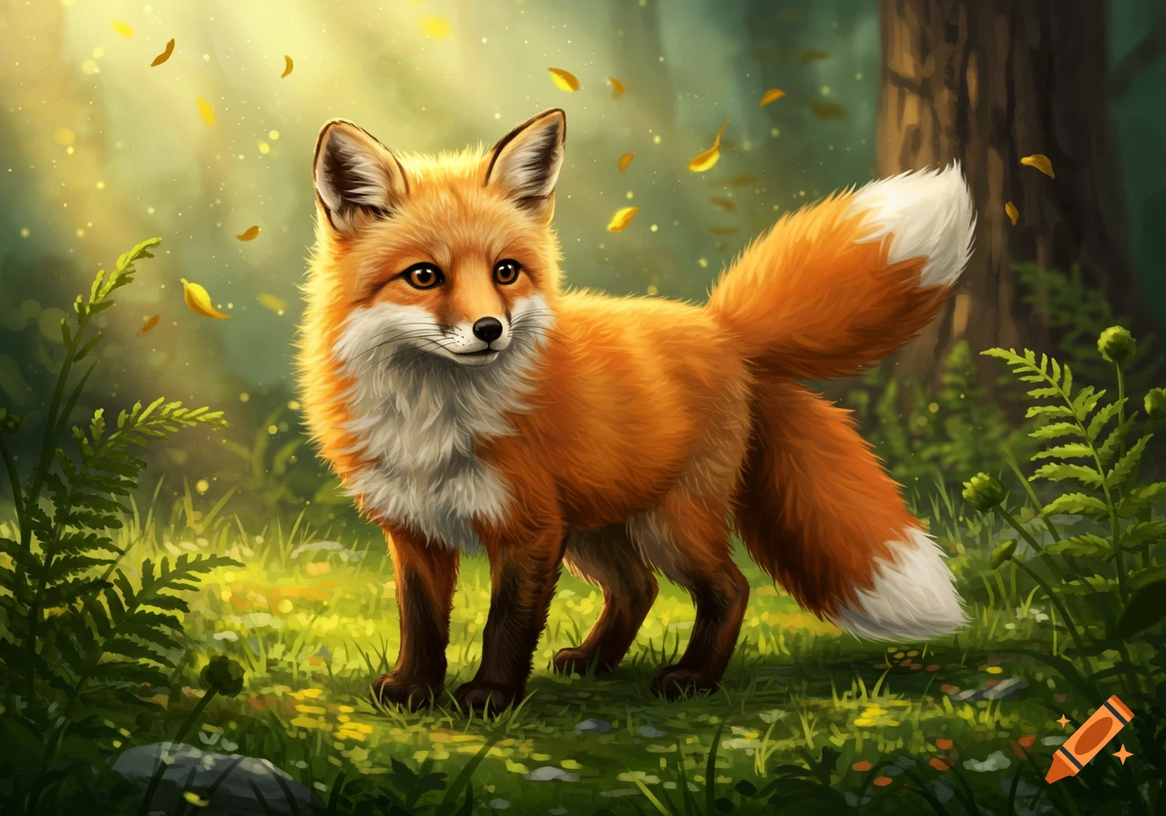 A fluffy red fox stands in a glowing, ethereal green forest with falling autumn leaves, digital art.