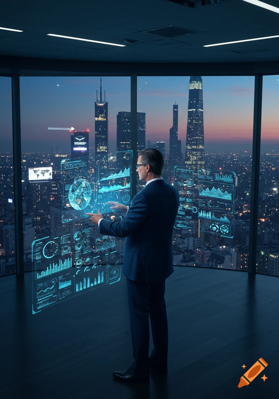A man in a suit interacts with holographic data screens in a futuristic office overlooking a city skyline at night.