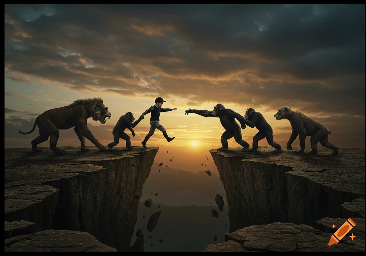 A boy, a lion, and apes stand on cliffs separated by a wide chasm at sunset. An ape holds the boy's hand, while another reaches across.