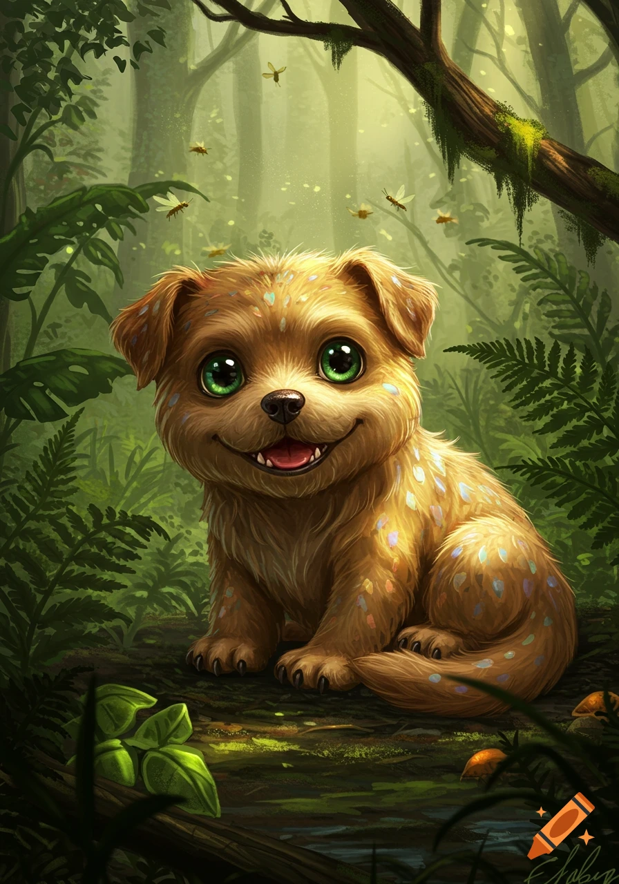 A friendly, fluffy, brown dog-like creature with big green eyes sits in a vibrant, lush green forest with glowing elements and flying insects, digital art.