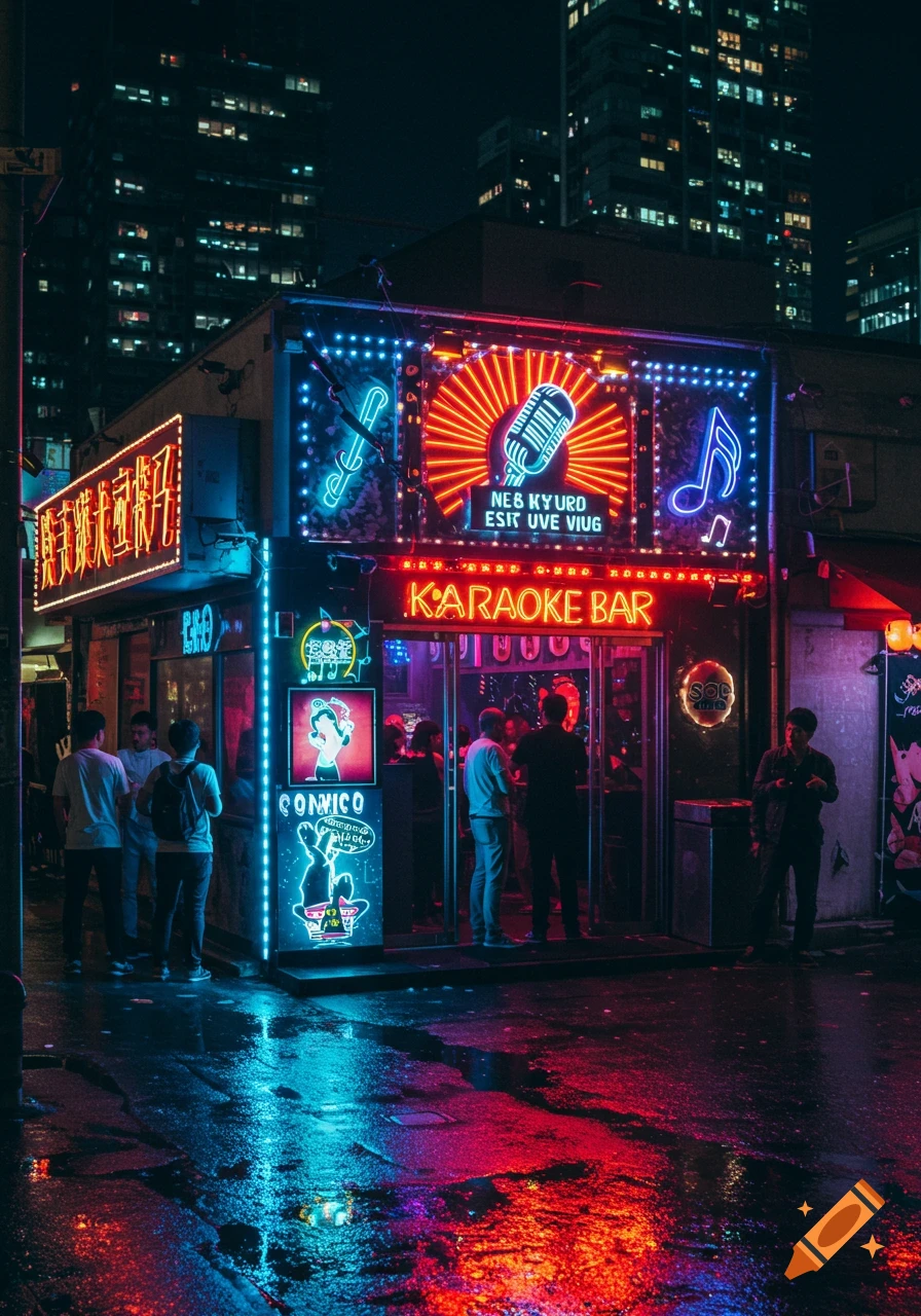 A vibrant neon-lit karaoke bar exterior at night, with reflections on the wet street, and people standing outside.