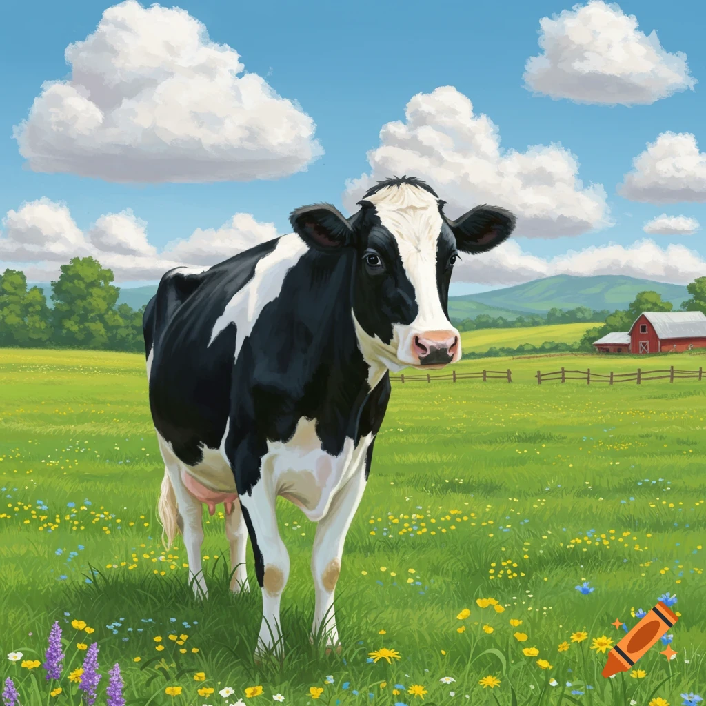 A black and white cow stands in a vibrant green meadow dotted with wildflowers under a blue sky with white clouds, a red barn in the distance.
