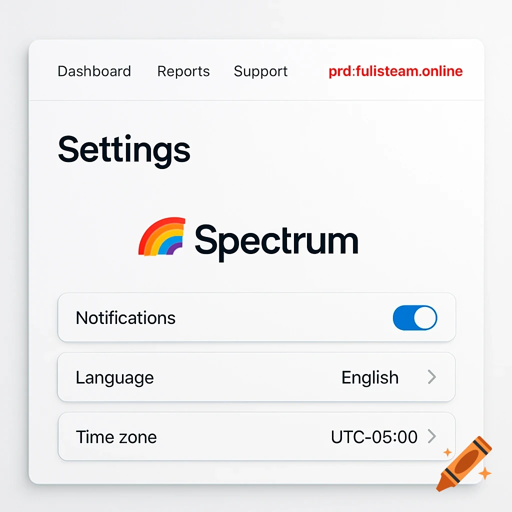 A clean, modern website settings page with a Spectrum logo, navigation links, and options for notifications, language, and time zone.