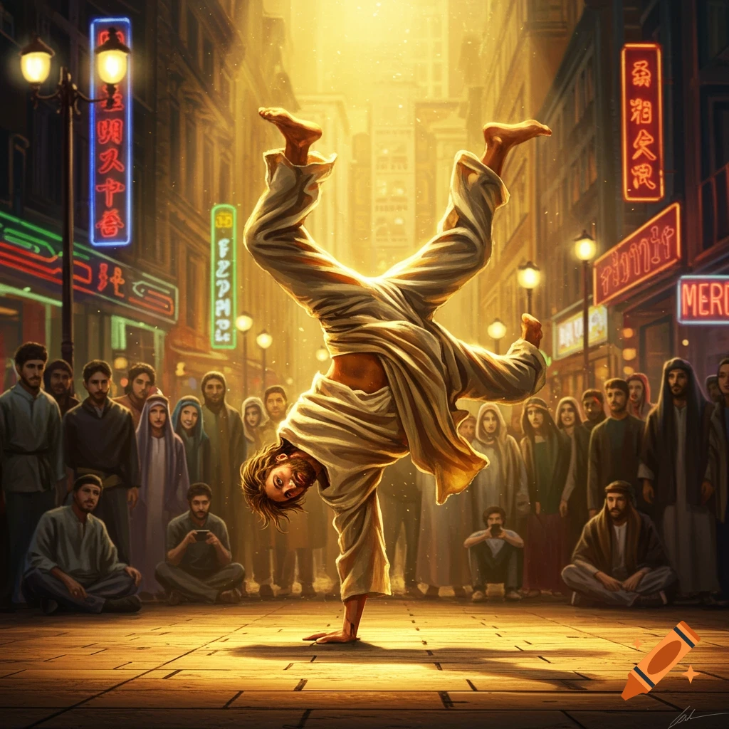 Jesus breakdancing on one hand in a city street at night, surrounded by a crowd and neon signs.