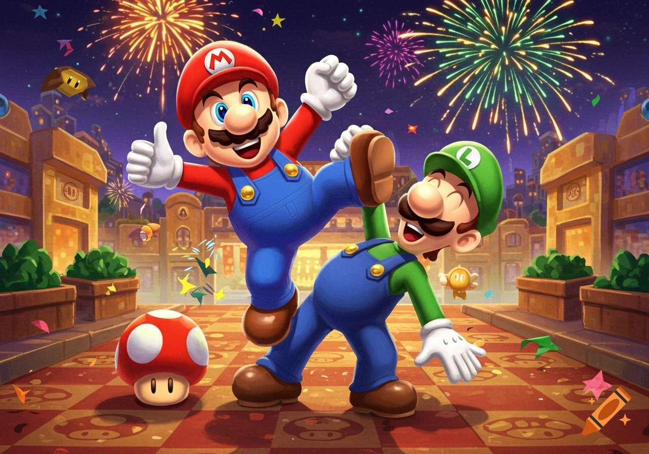 Cartoon of Mario giving a thumbs up and kicking Luigi on a checkered path under fireworks with a mushroom and coins.