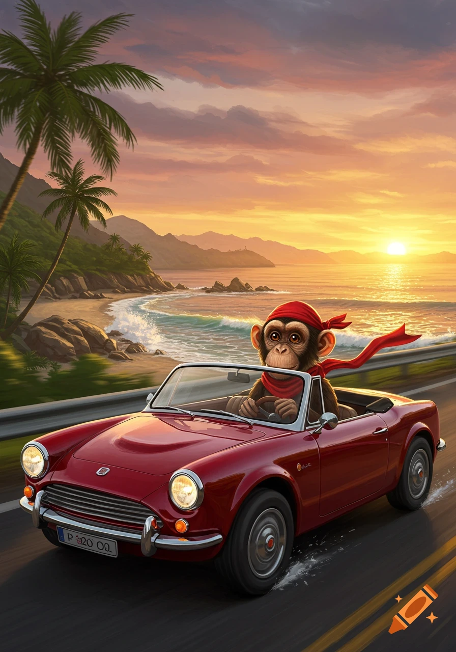 Illustrative monkey in a red convertible driving along a beach road with palm trees at sunset.
