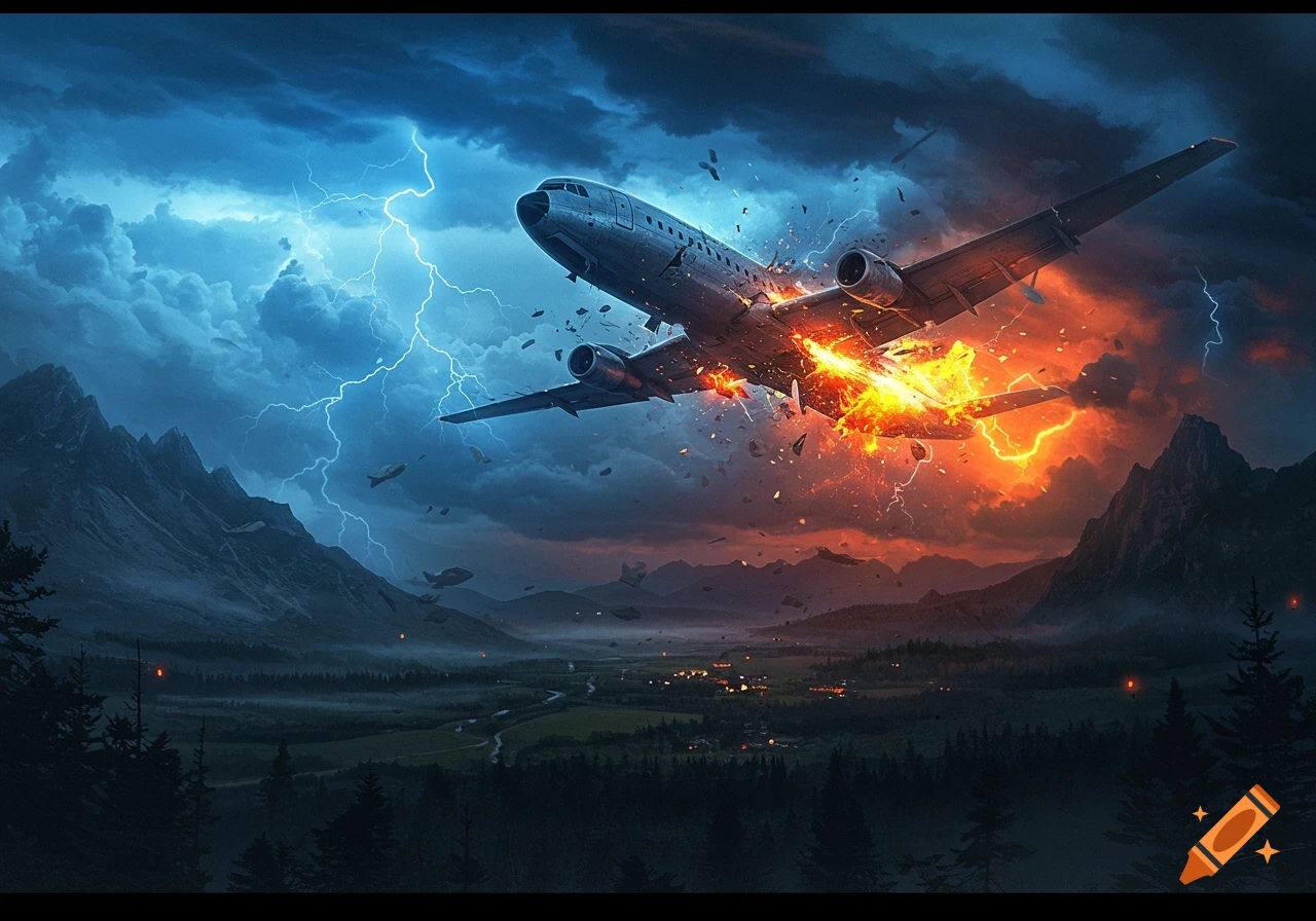 A passenger plane with an engine on fire crashes through a stormy, lightning-filled mountain valley at dusk, with debris falling.