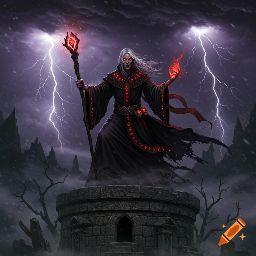 A menacing evil wizard with white hair and red eyes stands on a stone tower, casting red magic amid a stormy, lightning-filled sky.