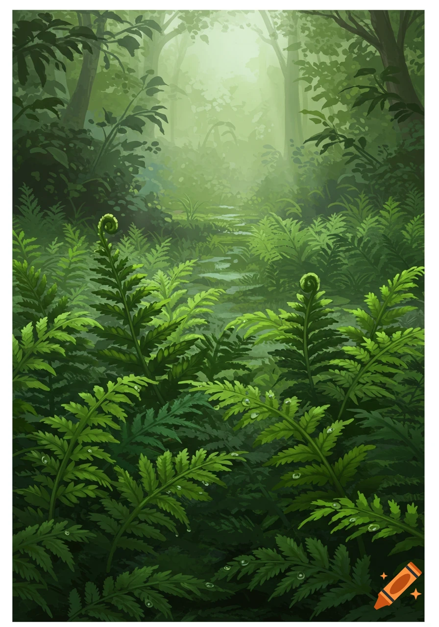 A lush, green forest with dense ferns and trees, with light filtering through the canopy, in an illustrative style.