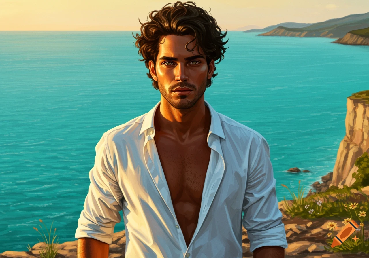 A tan man with curly dark hair and an open white shirt stands by the turquoise sea and a cliff under a golden sky.