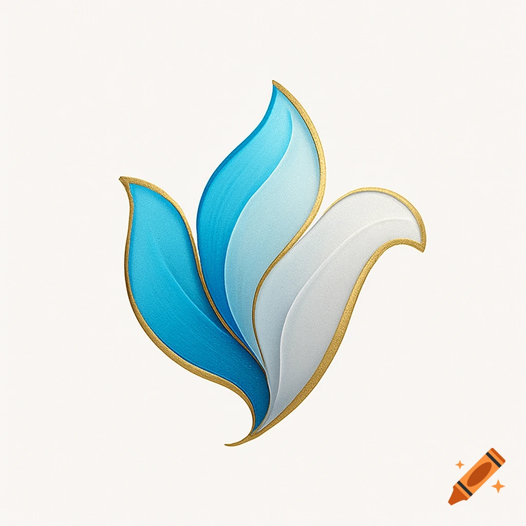 A stylized logo with three intertwined, flowing shapes in shades of blue and white, edged with golden accents.