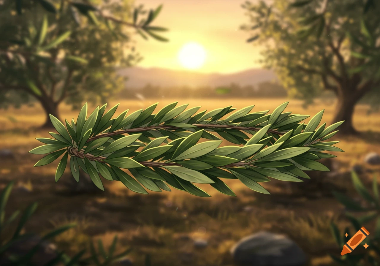 A stylized olive and laurel wreath floats over a blurry, golden sunset landscape with trees.