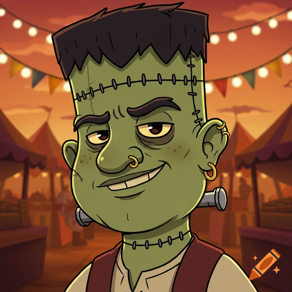 A cartoon Frankenstein monster with a nose ring and ear piercings, smiling at a fairground at dusk.