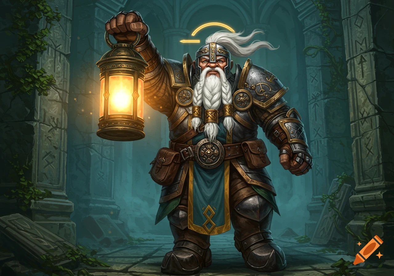 A strong dwarf cleric in ornate armor with a white braided beard stands in ancient ruins, holding a glowing holy lantern. Fantasy art.