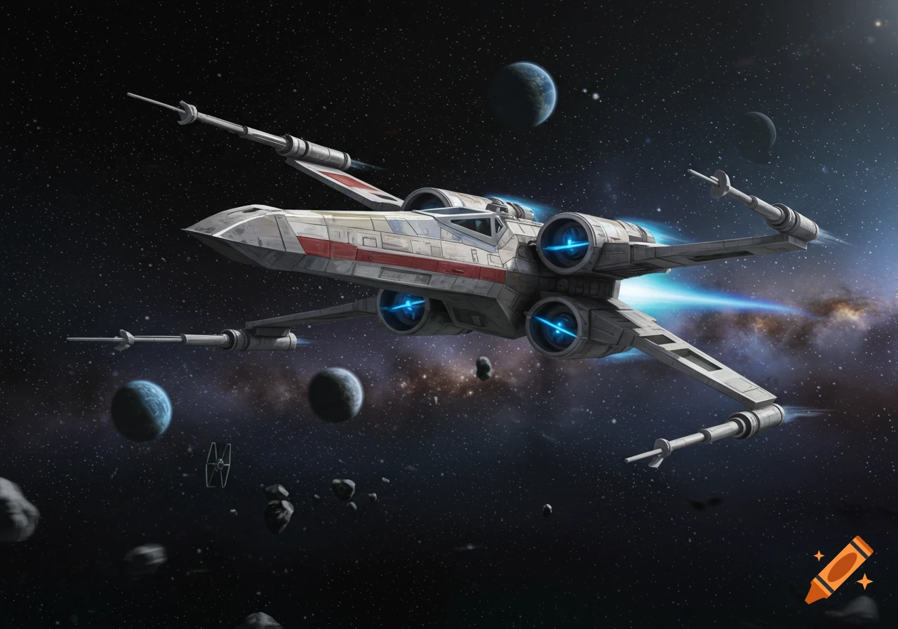 An X-Wing starfighter flies through space with planets, asteroids, and a faint TIE fighter in the background.