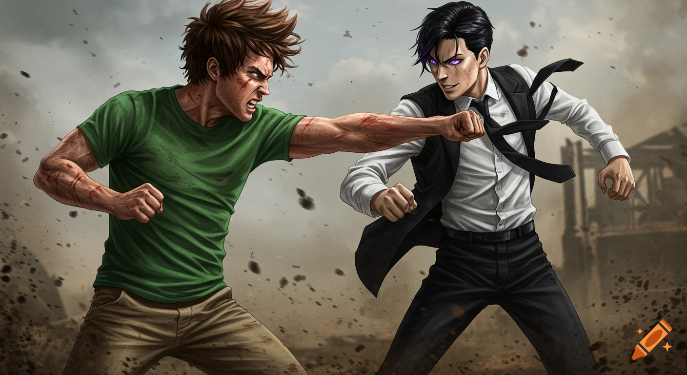 An angry man with brown hair and scratches, wearing a green t-shirt, punches a smug man in a suit with purple eyes, amidst flying dirt.